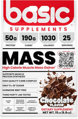 BASIC SUPPLEMENTS Mass Gainer packaging close-up highlighting 1030 calories per serving