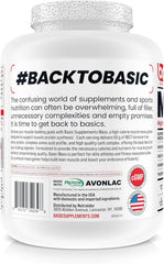 Basic Supplements Mass Gainer bag and scoop angled to show gluten-free ingredients.