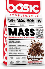BASIC SUPPLEMENTS Mass Gainer tub front showing high-protein formula for muscle support