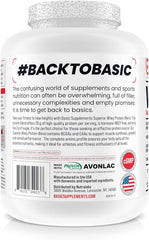Basic Supplements label shows complete amino acid profile and gluten-free formula.