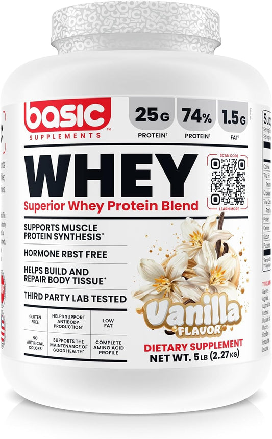 BASIC SUPPLEMENTS whey protein bottle front highlights 25g protein per serving for muscle support