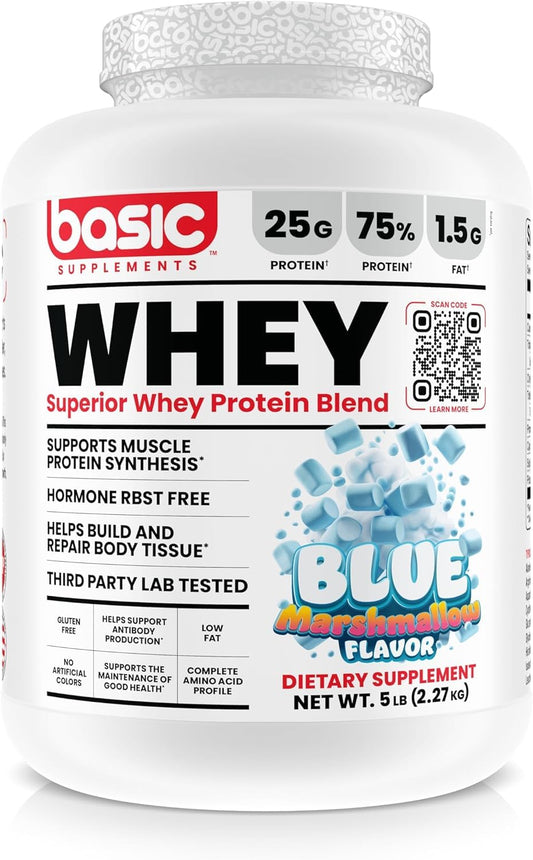 Basic Supplements whey protein powder bottle – 25g protein per serving supports muscle recovery.