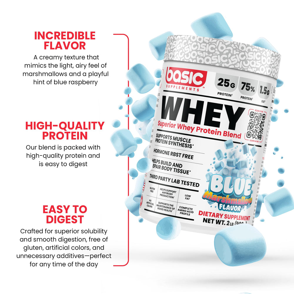 Basic Supplements whey protein powder mixed shake – creamy texture with quick absorption.