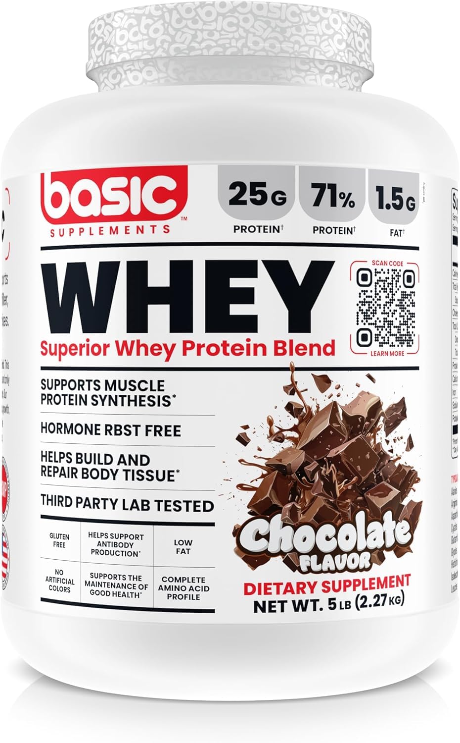 BASIC SUPPLEMENTS Whey Protein Powder scoop close-up for post-workout recovery support