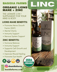 Basidia Farms LINC bottle side view highlighting dual-extract formula.