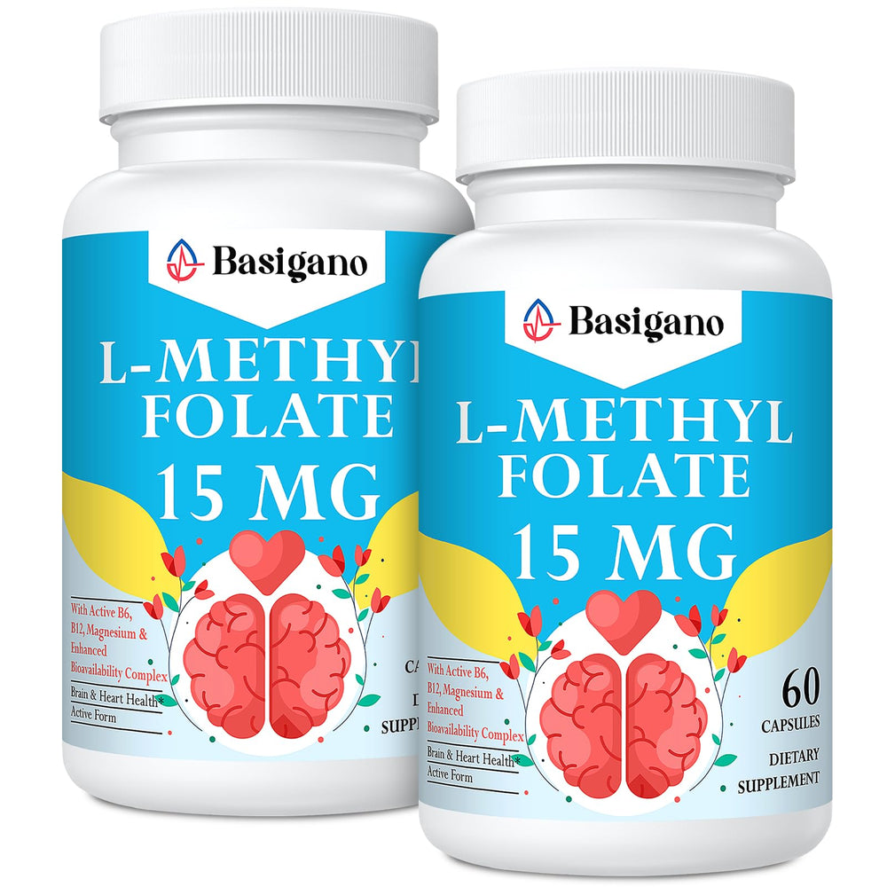 Basigano 15mg L-Methylfolate bottle for convenient daily supplementation.