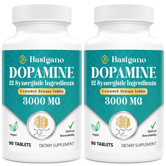 Basigano dopamine supplement bottle front with gluten-free vegan formula