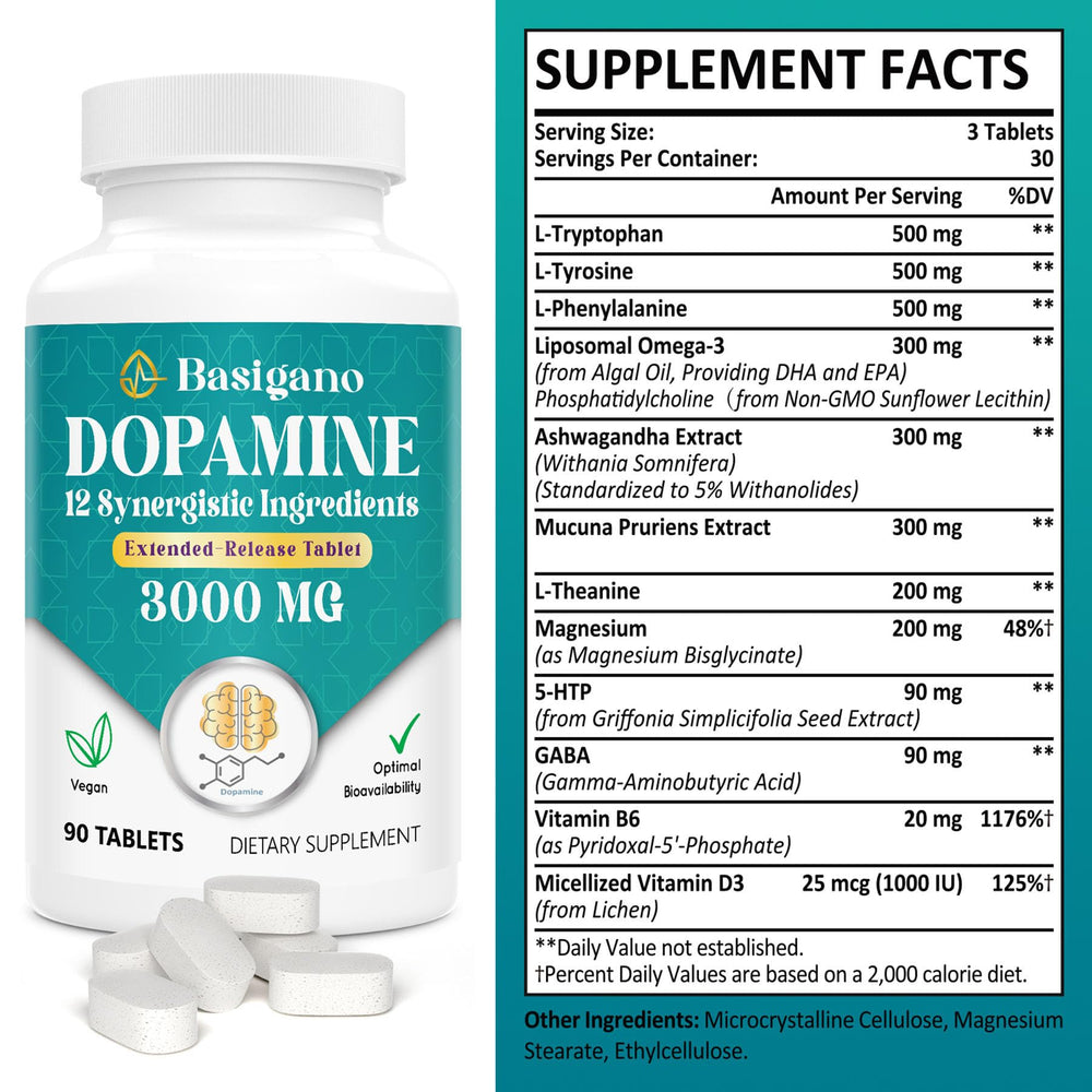 Basigano dopamine supplement capsules close-up for daily vegan use