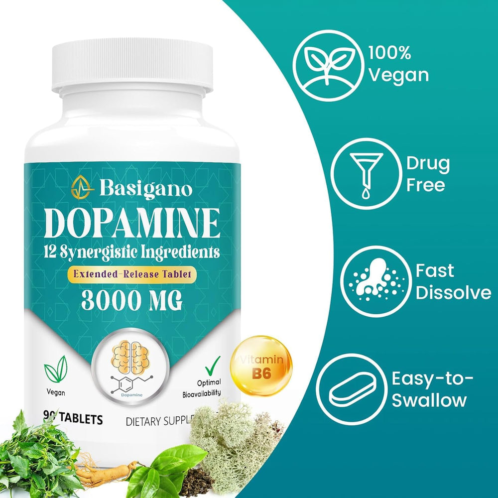 Basigano dopamine supplement packaging back shows sustainable two-bottle set