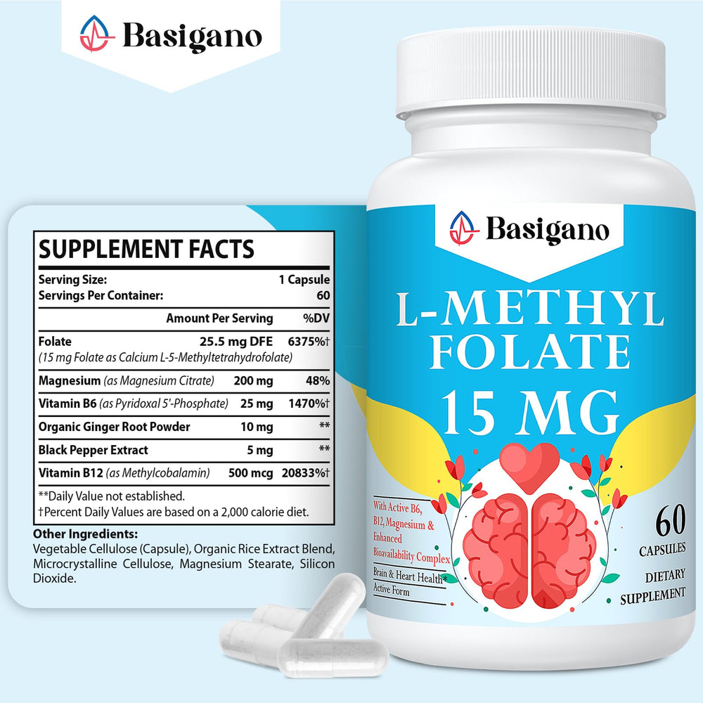 Basigano L-Methylfolate capsules provide easy digestion and steady nutrient delivery.
