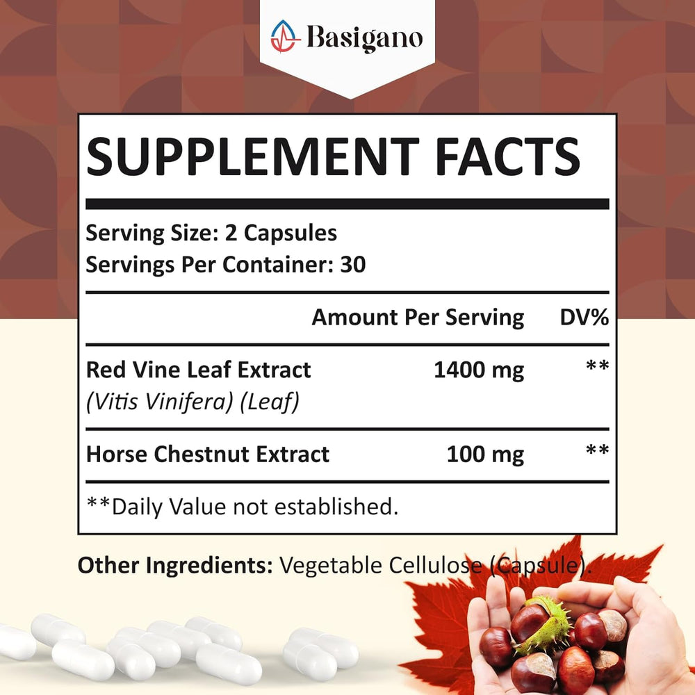 Basigano red vine leaf capsules closeup highlighting plant-based formula for everyday wellness.