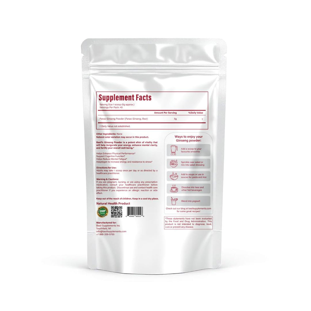 Basil Supplements scoop pouring organic ginseng powder into a smoothie for energy.