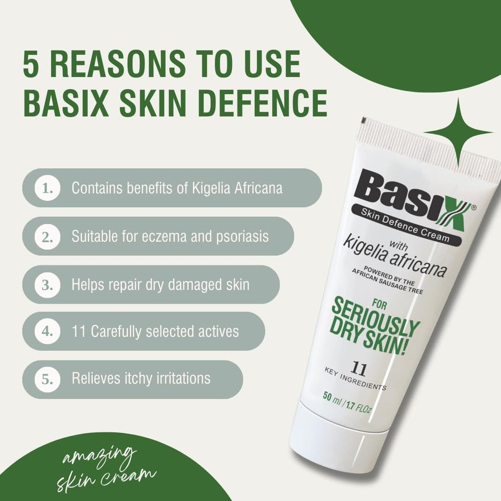 Basix Skin Defence Cream twin-pack texture swirls on skin for smoothing feel.