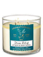 Bath & Body Works Aromatherapy Stress Relief Eucalyptus Tea candle label highlighting calming aroma.