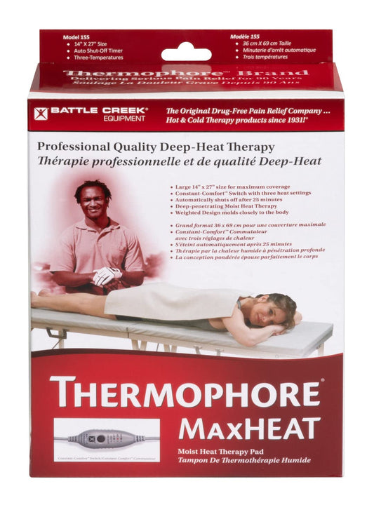 Battle Creek Thermophore MaxHEAT Plus 14x14 pad positioned on the shoulder for targeted moist heat relief.
