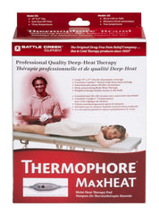 Battle Creek Thermophore MaxHEAT Plus 14x14 pad positioned on the shoulder for targeted moist heat relief.