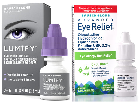 Bausch + Lomb Lumify eye drops bottle for quick redness relief.
