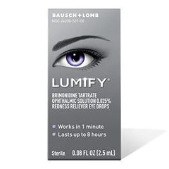 Bausch + Lomb Lumify eye drops packaging highlighting fast-acting redness relief.