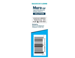 Close-up of Muro 128 label showing 5% saline formula.