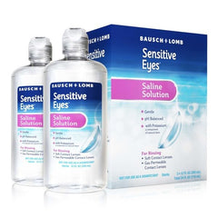 Label on Bausch + Lomb Sensitive Eyes saline bottle for quick identification