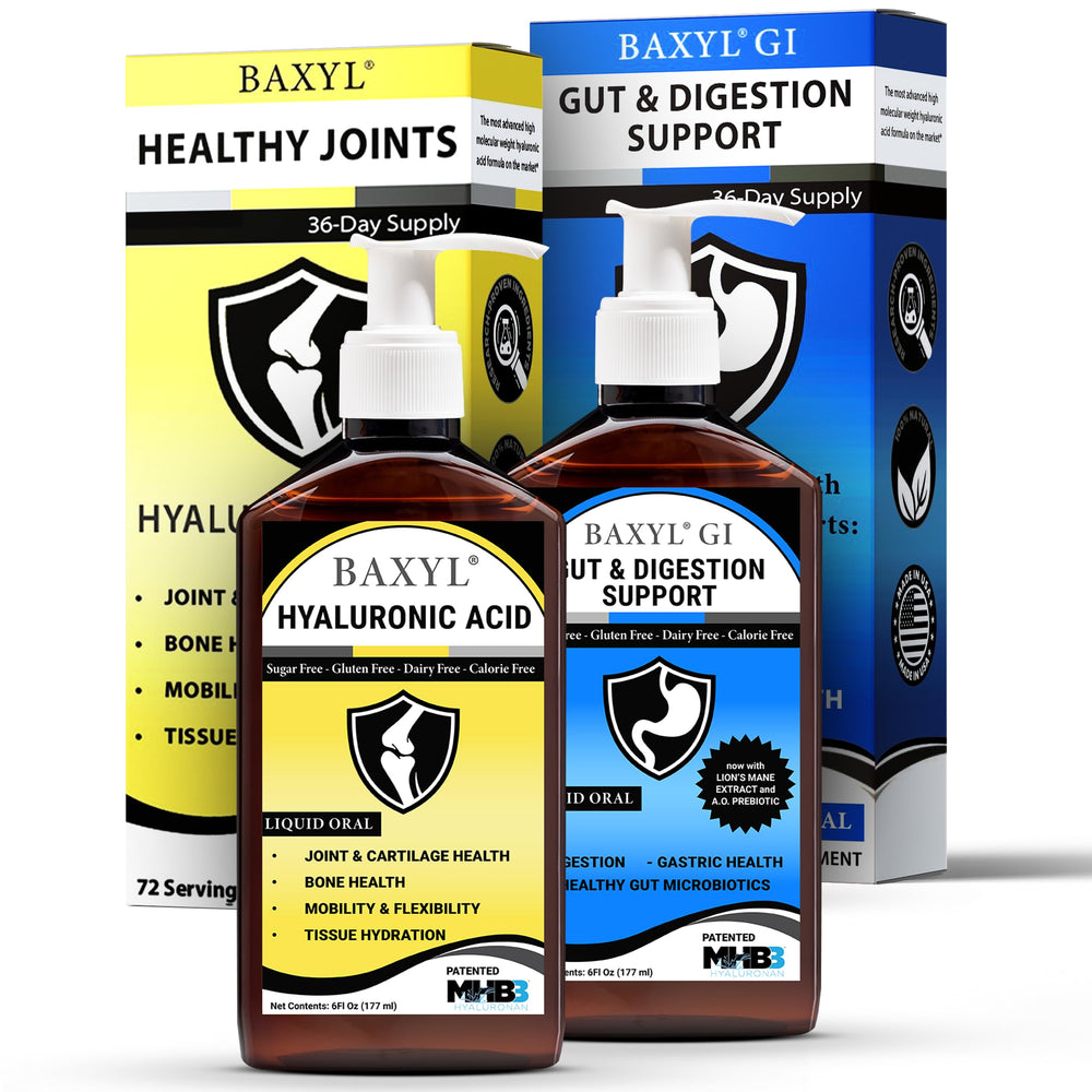 BAXYL bottle pour, highlighting convenient daily joint support.