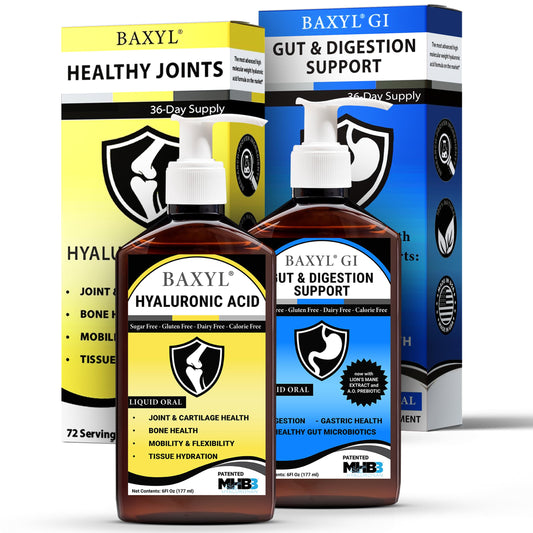 BAXYL bottle pour, highlighting convenient daily joint support.
