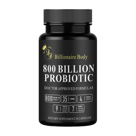 BB Billionaire Body Probiotics bottle front, supporting gut balance and daily energy.