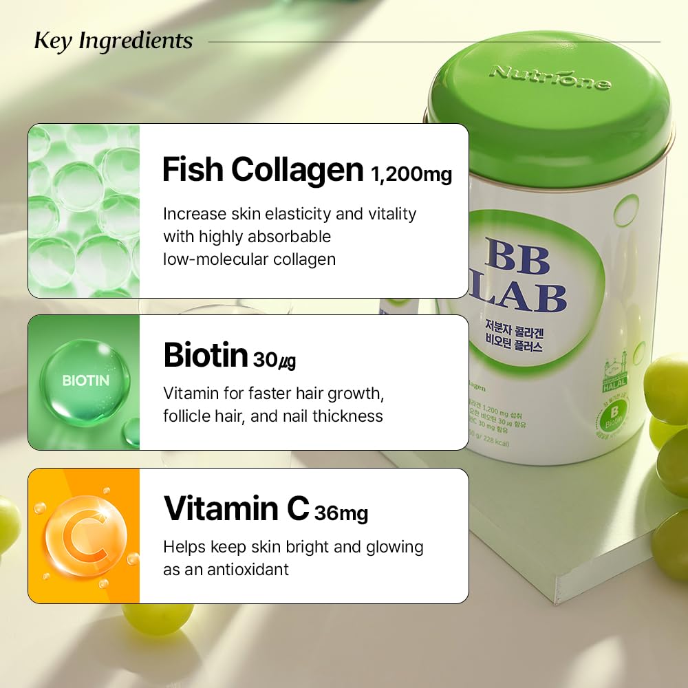 BB LAB biotin and vitamin C formula supports hair, nails, and skin daily.