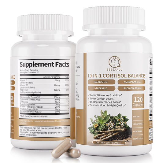 BBEEAAUU cortisol bottle front showing 120 capsules for daily wellness.