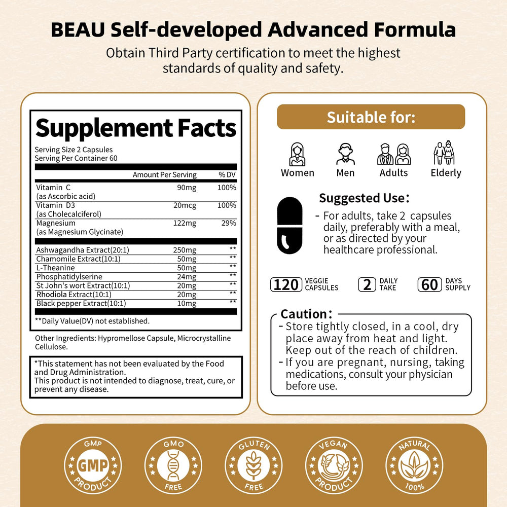 BBEEAAUU ingredients close-up featuring ashwagandha, rhodiola, magnesium for balanced mood support.