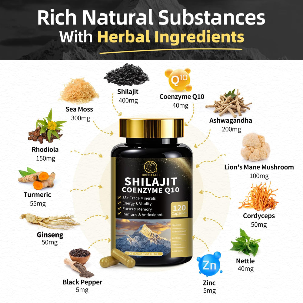 BBEEAAUU Sea moss and ashwagandha ingredients image showing immune and mood benefits.