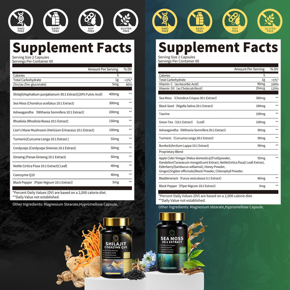 BBEEAAUU Sea moss capsules on label indicating immune and digestion support