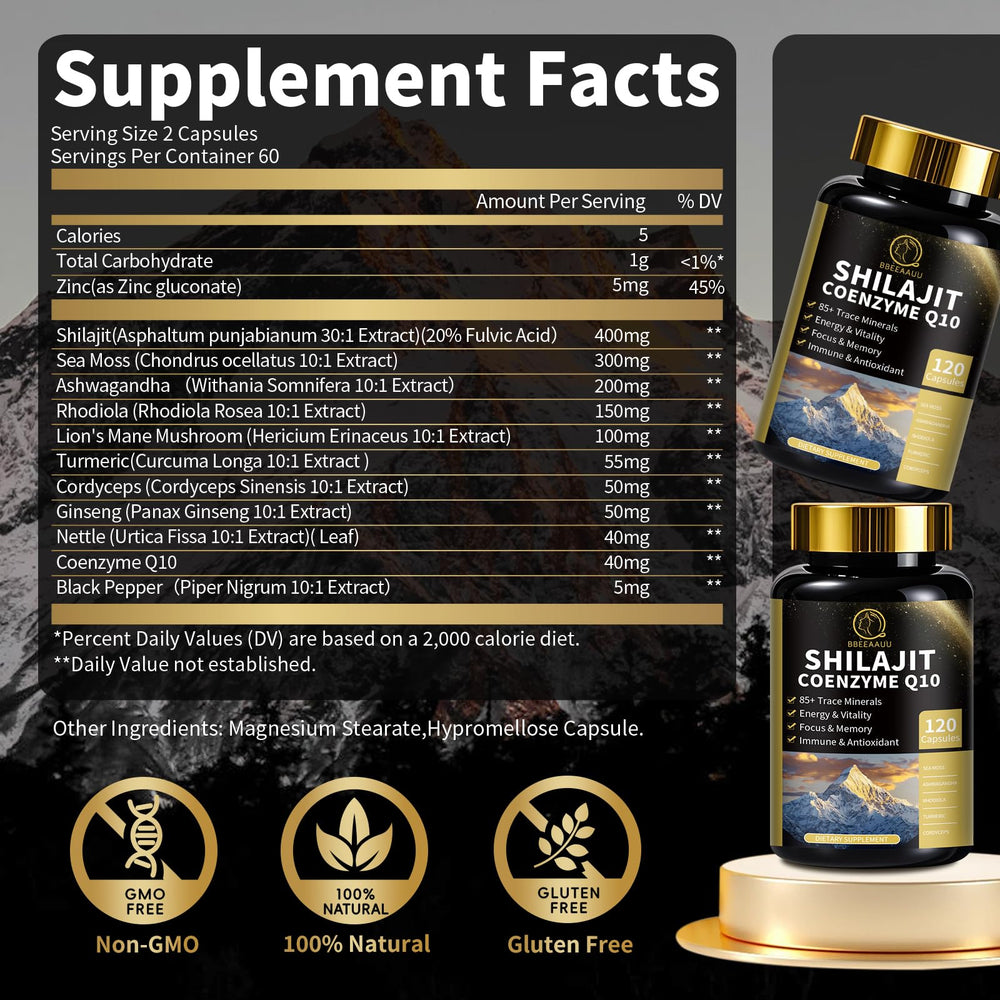 BBEEAAUU Shilajit capsules pack highlighting the 12-in-1 formula.