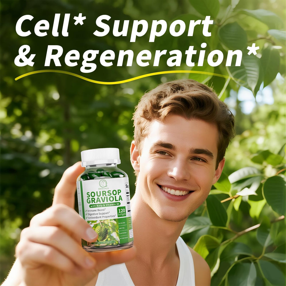 BBEEAAUU Soursop Capsules closeup: natural ingredients for daily balance.