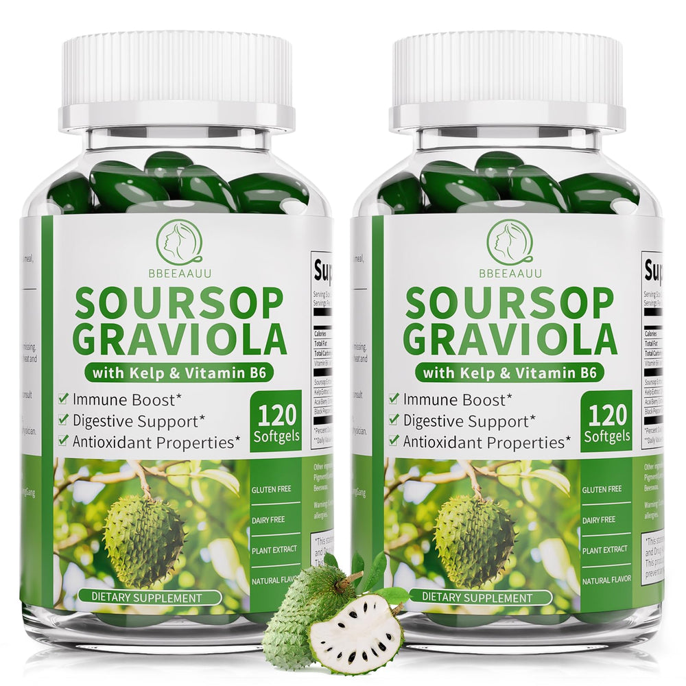 BBEEAAUU Soursop Graviola capsules bottle promotes daily energy and immune support.