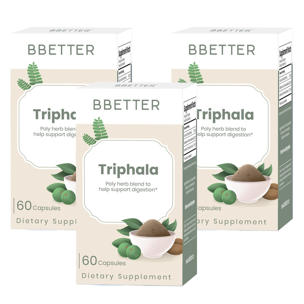 BBETTER Triphala bottle front highlighting gentle digestive support.