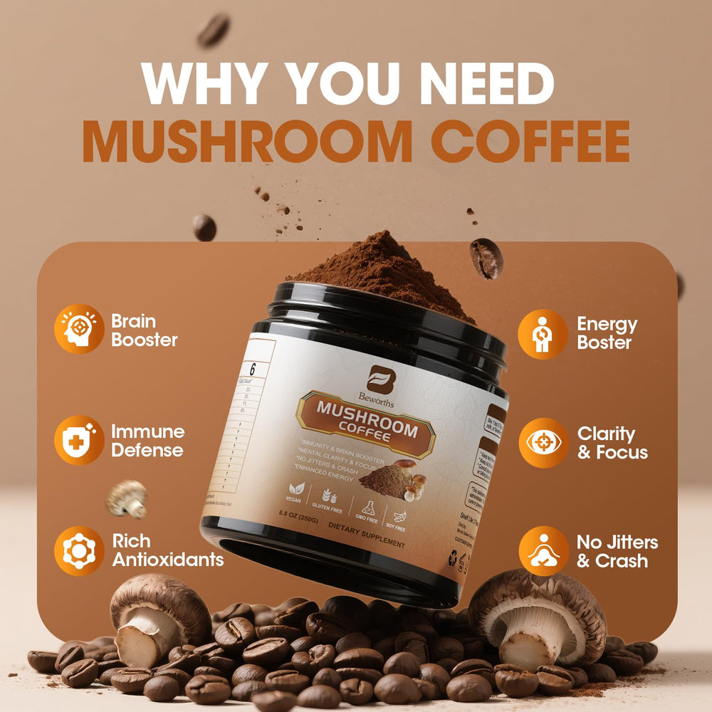 B BEWORTHS mushroom coffee Chaga chunks bowl suggests antioxidant flavor boost.