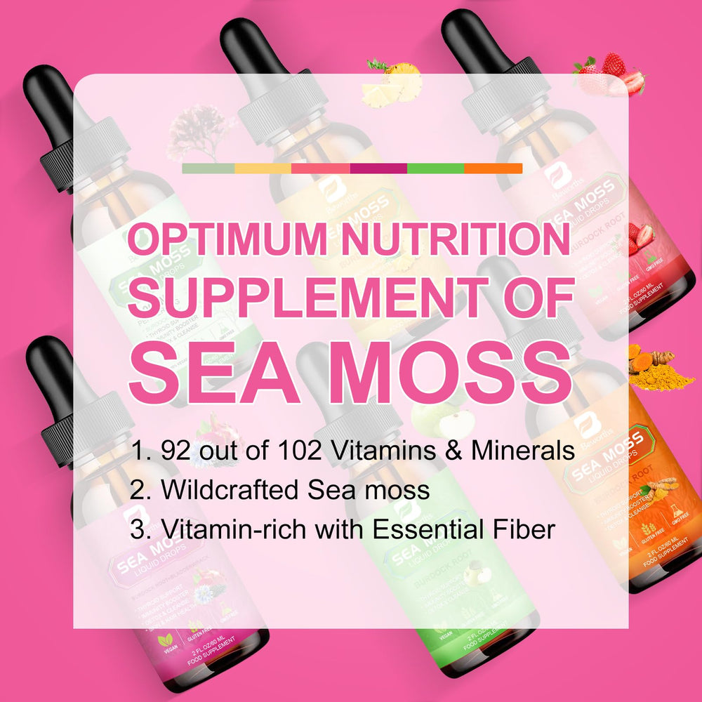 B BEWORTHS Sea Moss Liquid Drops glass with drops suggests daily ritual wellness