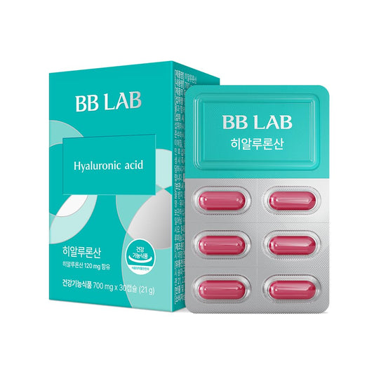 BB LAB Hyaluronic Acid supplement bottle highlighting hydration support for the skin.