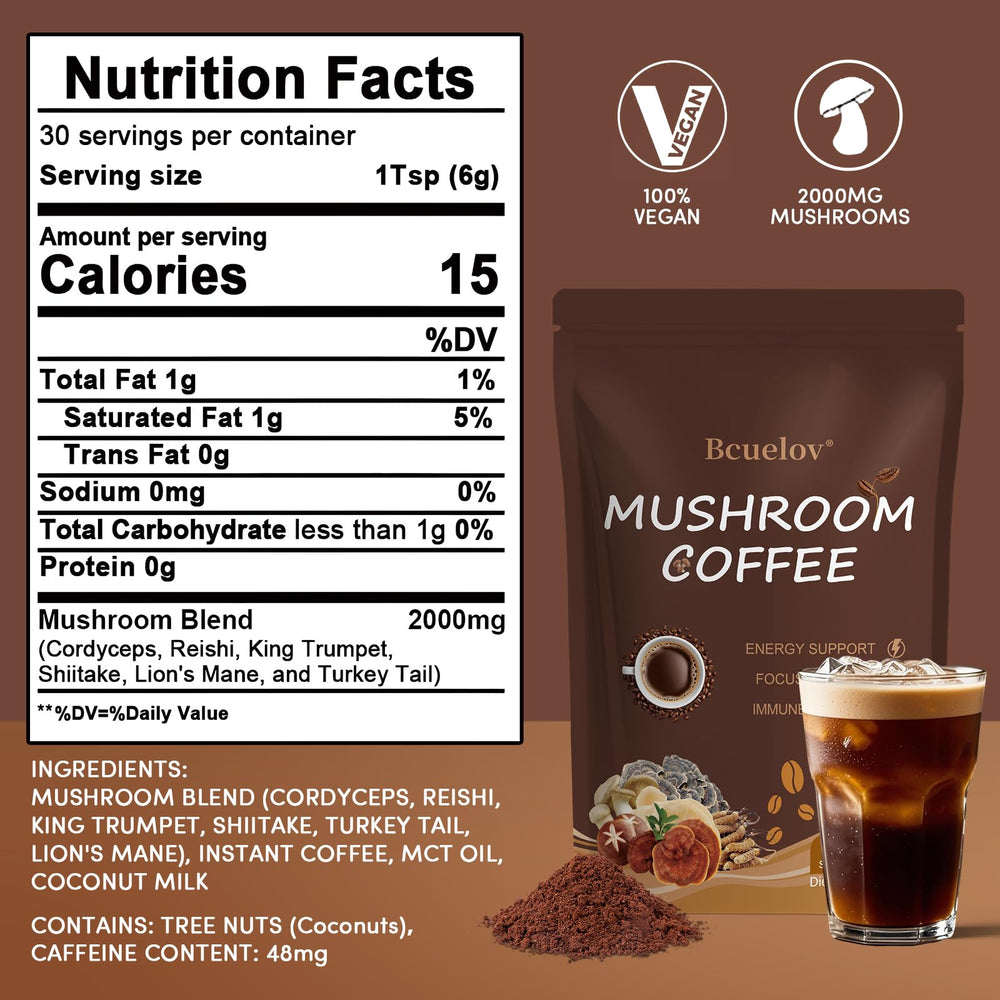 Bcuelov mushroom coffee poured into a mug for a smooth, aromatic brew.
