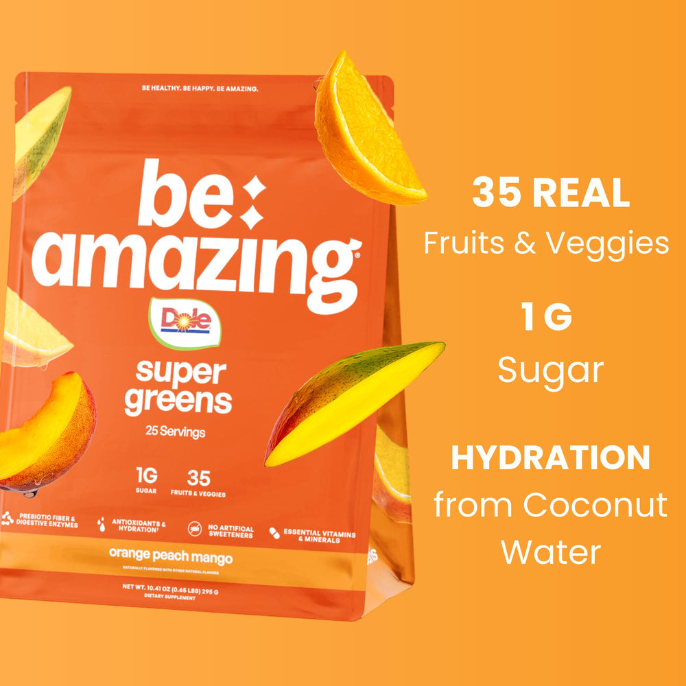 BE AMAZING Super Greens with coconut water hydration in a shaker, supporting electrolytes.