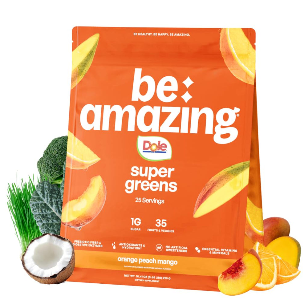 BE AMAZING Super Greens powder ingredients, showing 35 fruits and vegetables for daily nutrition.