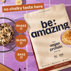 Label of BE AMAZING Vegan Protein Powder showing no added sugar.