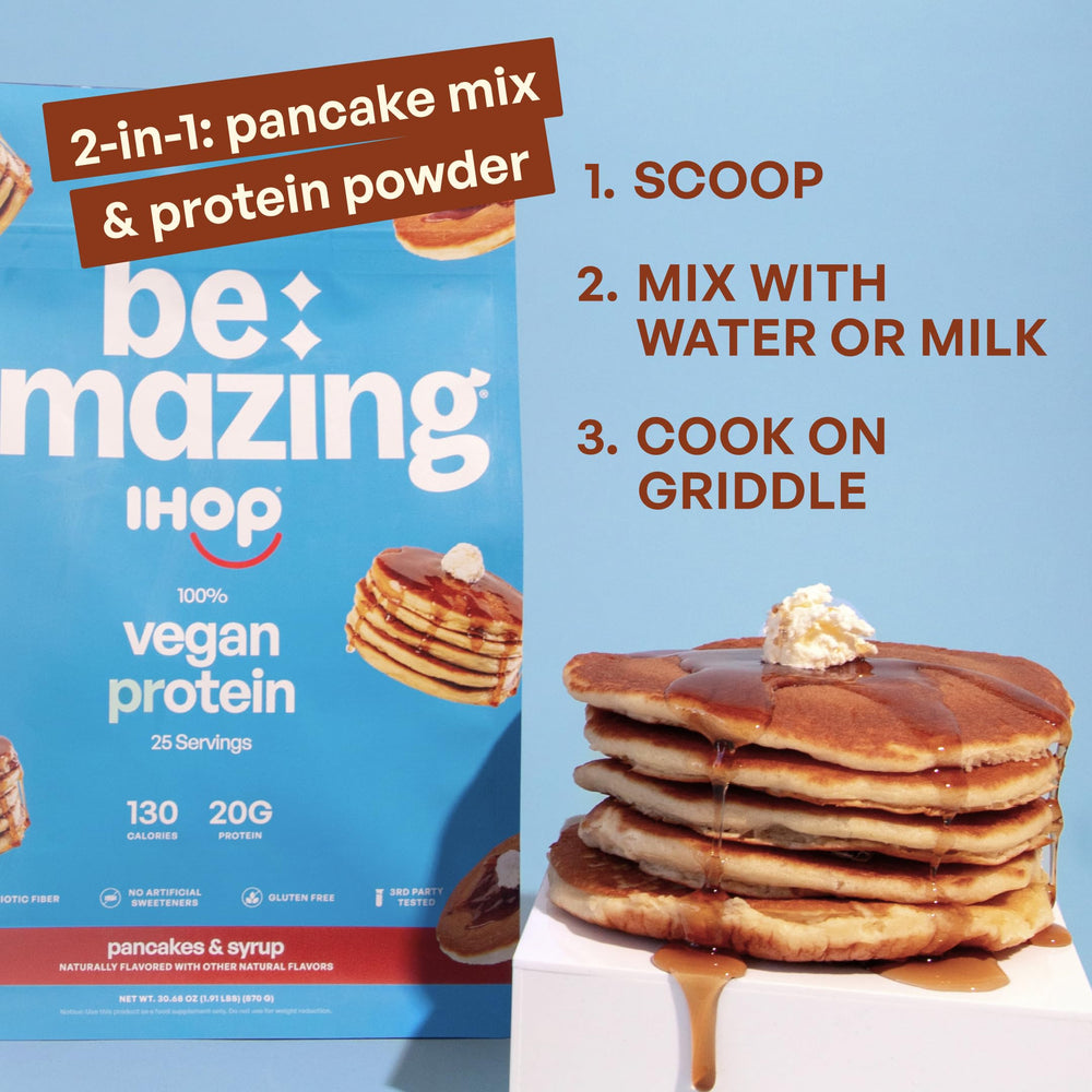 BE AMAZING IHOP pancakes flavor protein shake bottle on display