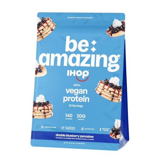 BE AMAZING vegan protein powder bottle shows clean ingredients and smooth texture.