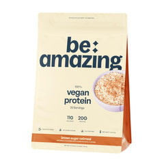 BE AMAZING Vegan Protein Powder Brown Sugar Oatmeal tub with creamy texture highlight.