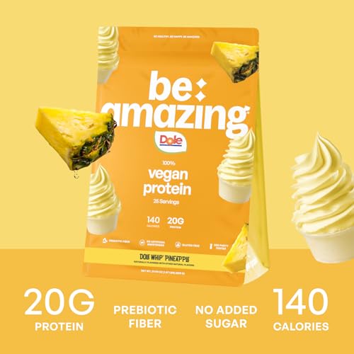 BE AMAZING vegan protein powder Dole Whip Pineapple tub serving shows large 29.3 oz container and 25 servings