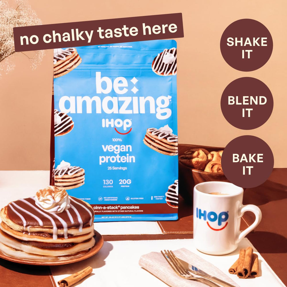 BE AMAZING vegan protein with prebiotic fiber showing 2g per serving for daily fiber.