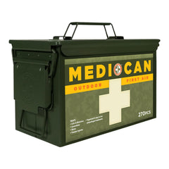 Be Smart Get Prepared Medi-Can front view with organized first aid essentials.