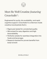 Be Well by Kelly LeVeque Creatine with Creavitalis in glass demonstrates seamless solubility.